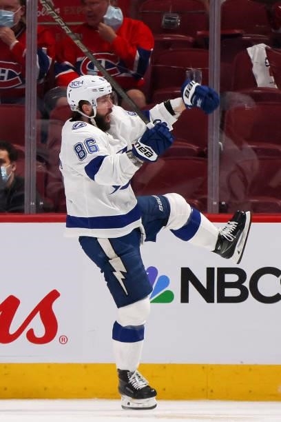 Nikita Kucherov of the Tampa Bay Lightning reacts after scoring against Carey Price of the Montreal Canadiens during the second period in Game Three...
