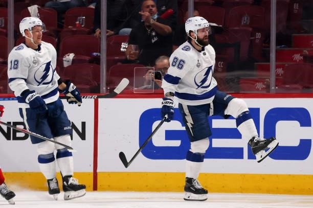 Nikita Kucherov of the Tampa Bay Lightning reacts after scoring against Carey Price of the Montreal Canadiens during the second period in Game Three...