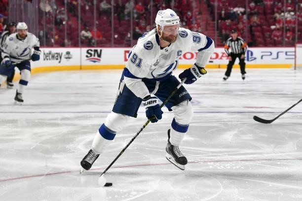 Steven Stamkos of the Tampa Bay Lightning controls the puck during the second period in Game Three of the 2021 NHL Stanley Cup Final against the...