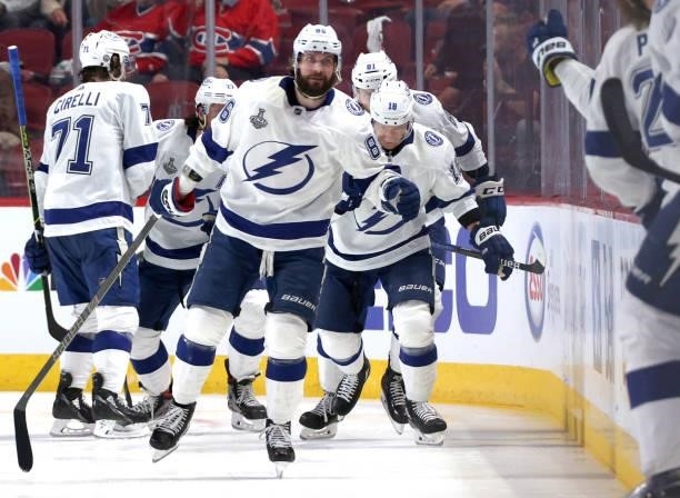 Nikita Kucherov of the Tampa Bay Lightning celebrates his goal against the Montreal Canadiens during the second period of Game Three of the 2021...