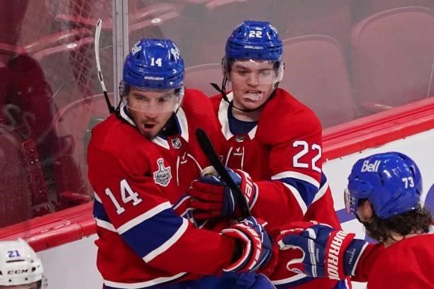 Nick Suzuki of the Montreal Canadiens reacts after scoring against Andrei Vasilevskiy of the Tampa Bay Lightning during the second period in Game...
