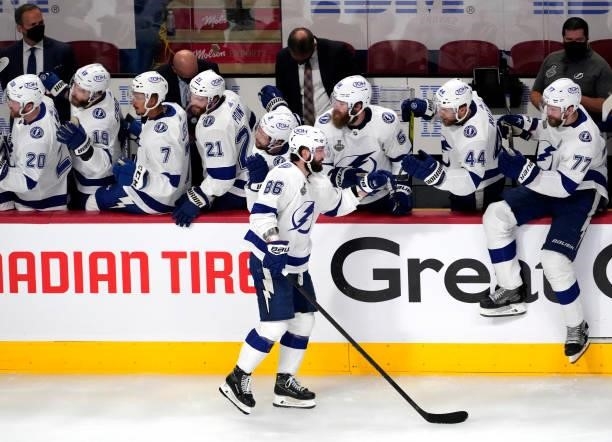 Nikita Kucherov of the Tampa Bay Lightning celebrates with teammates after scoring against Carey Price of the Montreal Canadiens during the second...