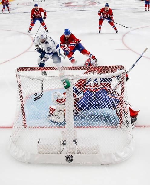Nikita Kucherov of the Tampa Bay Lightning scores a goal against Carey Price of the Montreal Canadiens during the second period in Game Three of the...