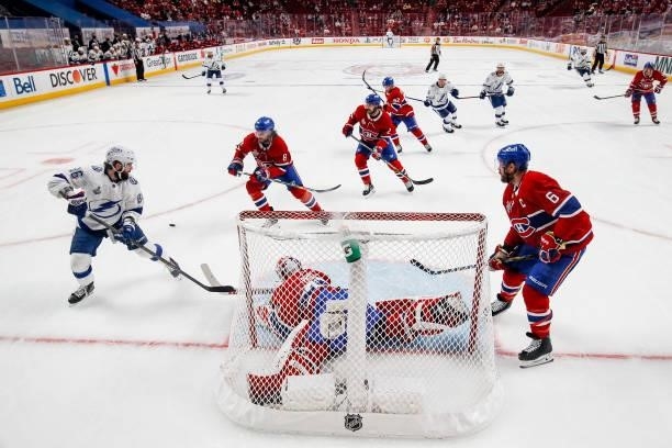 Carey Price of the Montreal Canadiens blocks a shot against the Tampa Bay Lightning during the second period in Game Three of the 2021 NHL Stanley...