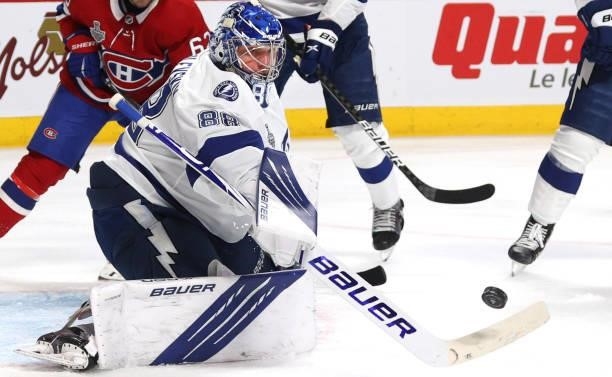 Goaltender Andrei Vasilevskiy of the Tampa Bay Lightning makes a save against the Montreal Canadiens during the second period of Game Three of the...