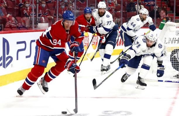 Corey Perry of the Montreal Canadiens skates with the puck while playing against the Tampa Bay Lightning during the second period of Game Three of...