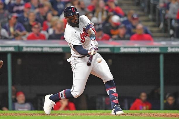 Franmil Reyes of the Cleveland Indians hits a single during the seventh inning against the Houston Astros at Progressive Field on July 02, 2021 in...