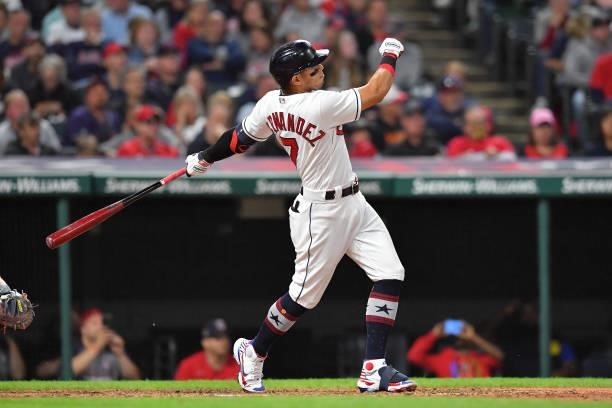 Cesar Hernandez of the Cleveland Indians watches a three-run home run clear the left field fence during the sixth inning against the Houston Astros...