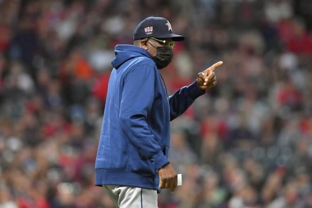 Dusty Baker Jr. #12 of the Houston Astros signals for a pitching change during the sixth inning against the Cleveland Indians at Progressive Field on...