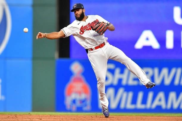 Shortstop Amed Rosario of the Cleveland Indians throws out Taylor Jones of the Houston Astros at first during the sixth inning at Progressive Field...