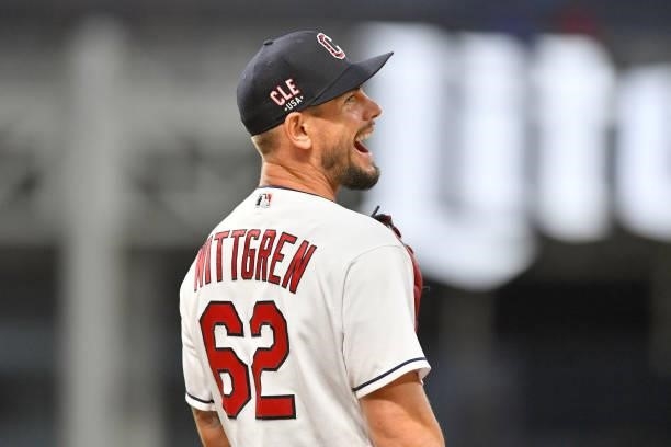 Relief pitcher Nick Wittgren of the Cleveland Indians reacts after a play during the sixth inning against the Houston Astros at Progressive Field on...