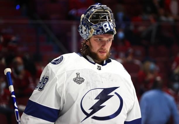 Goaltender Andrei Vasilevskiy of the Tampa Bay Lightning looks on while playing against the Montreal Canadiens during the second period of Game Three...