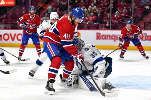 Andrei Vasilevskiy of the Tampa Bay Lightning blocks a shot on goal by Joel Armia of the Montreal Canadiens during the third period in Game Three of...