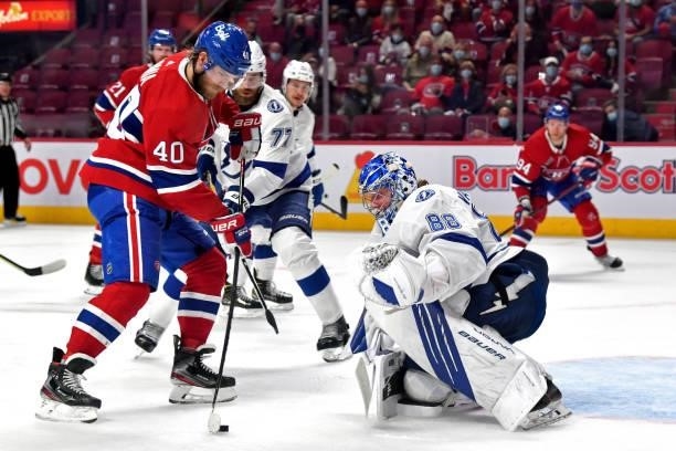 Joel Armia of the Montreal Canadiens looks to shoot against Andrei Vasilevskiy of the Tampa Bay Lightning during the third period in Game Three of...