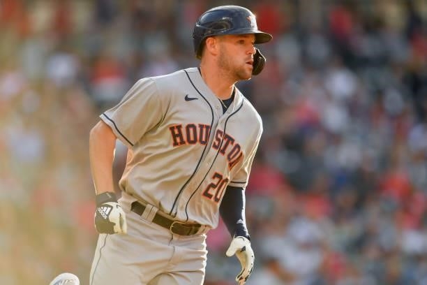Chas McCormick of the Houston Astros runs out an RBI double during the second inning against the Cleveland Indians at Progressive Field on July 02,...