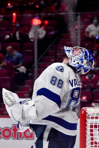 Andrei Vasilevskiy of the Tampa Bay Lightning looks up during the third period in Game Three of the 2021 NHL Stanley Cup Final against the Montreal...