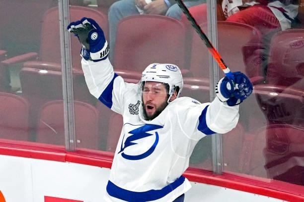 Tyler Johnson of the Tampa Bay Lightning reacts after scoring against Carey Price of the Montreal Canadiens during the third period in Game Three of...