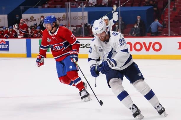 Blake Coleman of the Tampa Bay Lightning celebrates after scoring an empty-net goal against the Montreal Canadiens during the third period in Game...