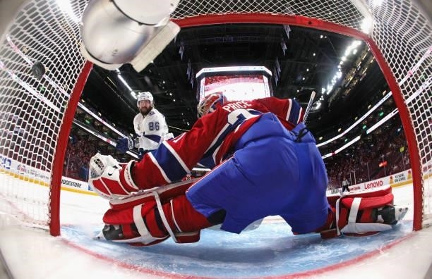Nikita Kucherov of the Tampa Bay Lightning scores at 1:40 of the second period against Carey Price of the Montreal Canadiens in Game Three of the...