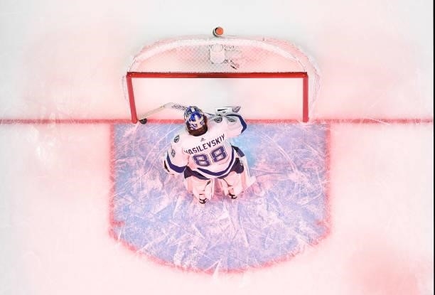 Andrei Vasilevskiy of the Tampa Bay Lightning reacts after allowing a goal to Nick Suzuki of the Montreal Canadiens during the third period in Game...