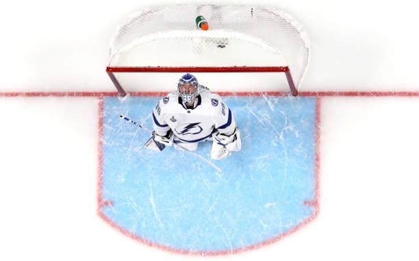Goaltender Andrei Vasilevskiy of the Tampa Bay Lightning looks up during the third period of Game Three of the 2021 Stanley Cup Final against the...