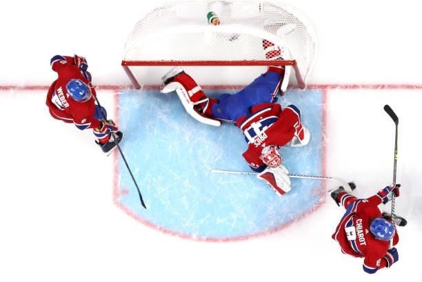 Goaltender Carey Price of the Montreal Canadiens lies flat to defend the net against the Tampa Bay Lightning during the second period of Game Three...