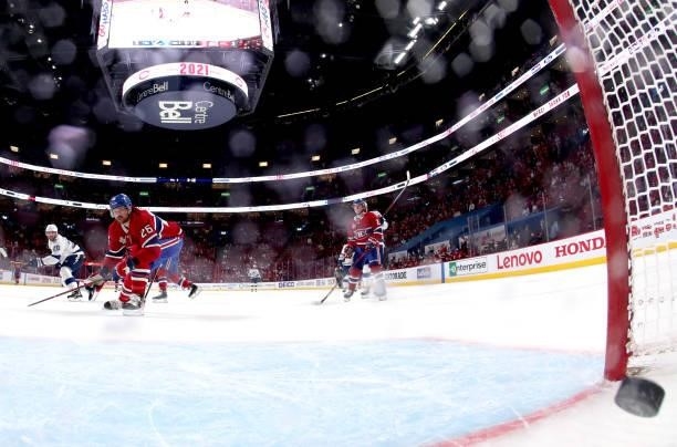 Jeff Petry of the Montreal Canadiens watches the puck go into the net for an empty net goal by Blake Coleman of the Tampa Bay Lightning during the...