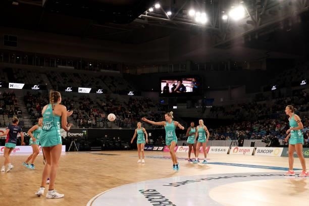 Ruby Barkmeyer of the Vixens is seen warming up during the round nine Super Netball match between Sunshine Coast Lightning and Melbourne Vixens at...