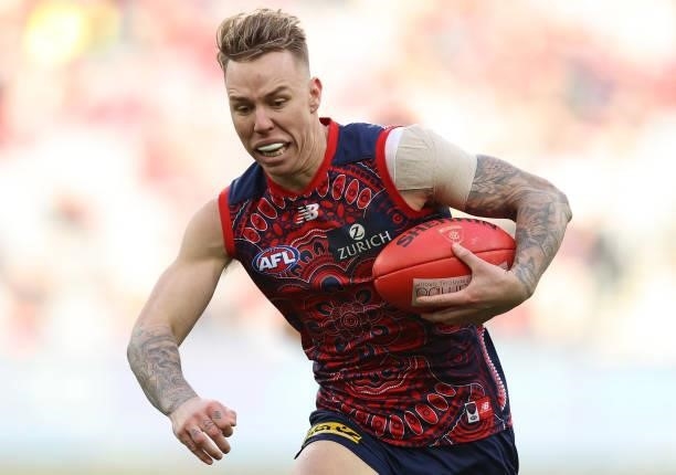 James Harmes of the Demons runs with the ball during the round 16 AFL match between Melbourne Demons and Greater Western Sydney Giants at Melbourne...