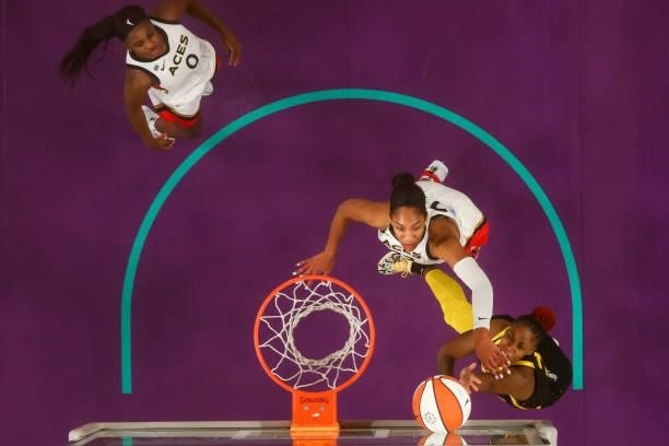 Bria Holmes of the Los Angeles Sparks drives to the basket against A'ja Wilson of the Las Vegas Aces at Los Angeles Convention Center on July 02,...