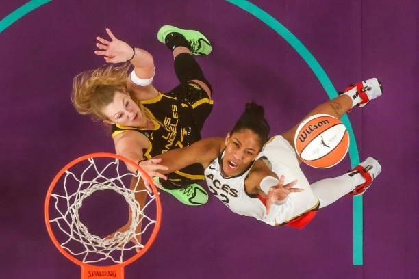 Ja Wilson of the Las Vegas Aces shoots against Lauren Cox of the Los Angeles Sparks at Los Angeles Convention Center on July 02, 2021 in Los Angeles,...