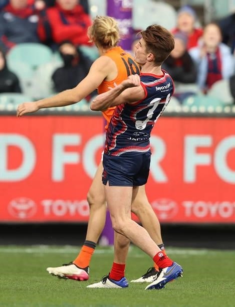 Bayley Fritsch of the Demons celebrates after scoring a goal during the round 16 AFL match between Melbourne Demons and Greater Western Sydney Giants...