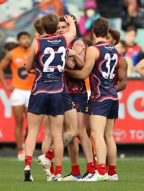 Bayley Fritsch of the Demons celebrates after scoring a goal during the round 16 AFL match between Melbourne Demons and Greater Western Sydney Giants...