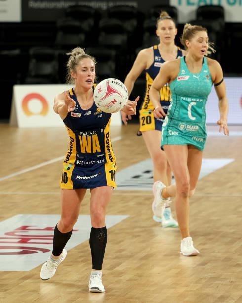 Laura Scherian of the Lightning in action during the round nine Super Netball match between Sunshine Coast Lightning and Melbourne Vixens at John...