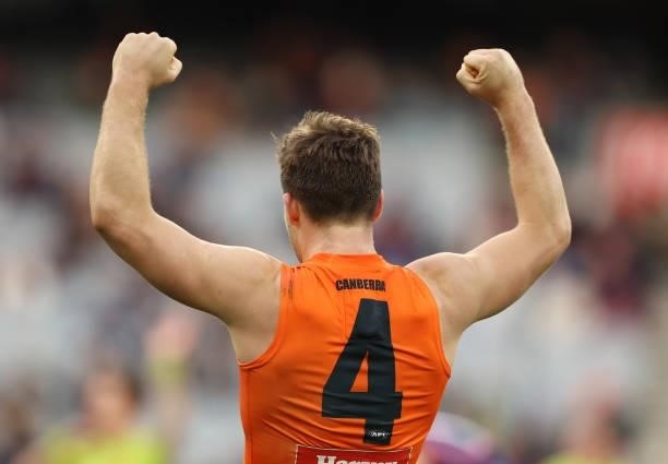 Toby Greene of the Giants celebrates on the siren after the Giants defeated the Demons during the round 16 AFL match between Melbourne Demons and...