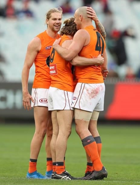 The Giants celebrate after the Giants defeated the Demons during the round 16 AFL match between Melbourne Demons and Greater Western Sydney Giants at...