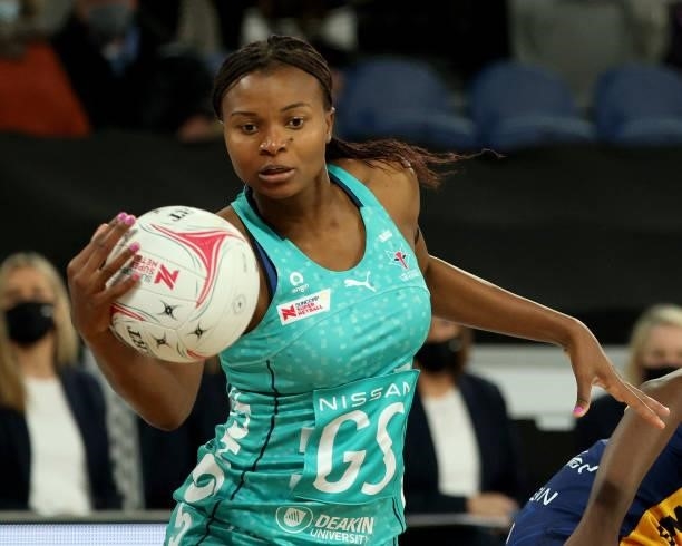 Mwai Kumwenda of the Vixens in action during the round nine Super Netball match between Sunshine Coast Lightning and Melbourne Vixens at John Cain...