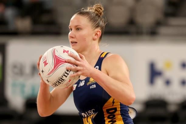 Mahalia Cassidy of the Lightning in action during the round nine Super Netball match between Sunshine Coast Lightning and Melbourne Vixens at John...