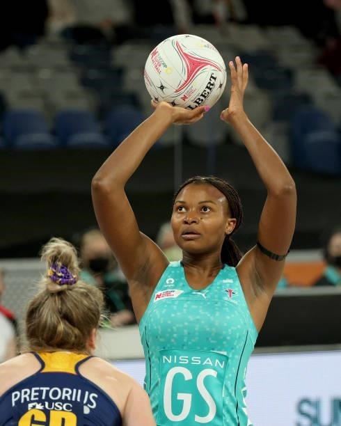 Mwai Kumwenda of the Vixens in action during the round nine Super Netball match between Sunshine Coast Lightning and Melbourne Vixens at John Cain...