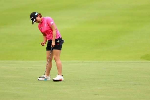 Kana Nagai of Japan celebrates the birdie on the 1st green during the first round of the Shiseido Ladies Open at Totsuka Country Club on July 3, 2021...