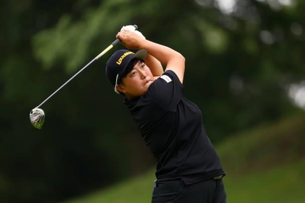 Haruka Kudo of Japan hits her tee shot on the 2nd hole during the first round of the Shiseido Ladies Open at Totsuka Country Club on July 3, 2021 in...