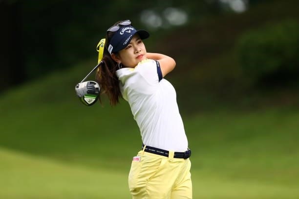 Yui Kawamoto of Japan hits her tee shot on the 2nd hole during the first round of the Shiseido Ladies Open at Totsuka Country Club on July 3, 2021 in...