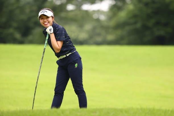 Mayu Hirota of Japan smiles on the 2nd tee during the first round of the Shiseido Ladies Open at Totsuka Country Club on July 3, 2021 in Yokohama,...