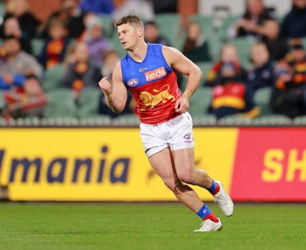 Dayne Zorko of the Lions celebrates after kicking a goal during the round 16 AFL match between Adelaide Crows and Brisbane Lions at Adelaide Oval on...