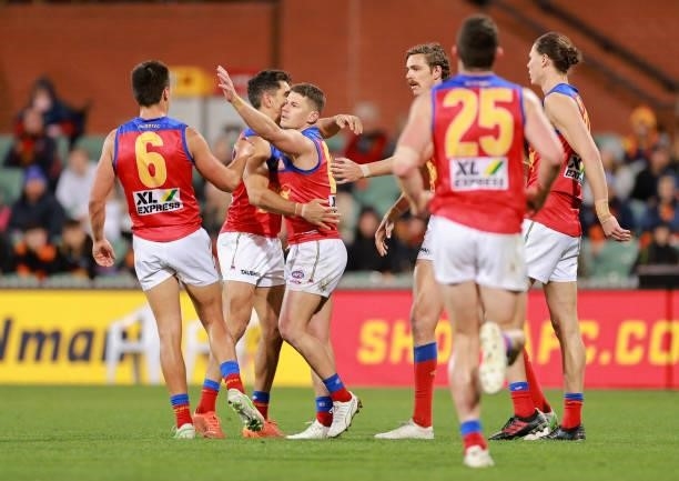Dayne Zorko of the Lions celebrates after kicking a goal during the round 16 AFL match between Adelaide Crows and Brisbane Lions at Adelaide Oval on...