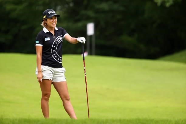 Asako Fujimoto of Japan smiles on the 2nd tee during the first round of the Shiseido Ladies Open at Totsuka Country Club on July 3, 2021 in Yokohama,...