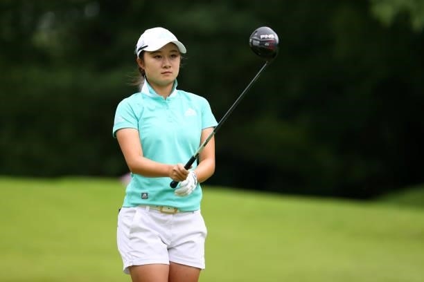 Haruka Morita of Japan hits her tee shot on the 2nd hole during the first round of the Shiseido Ladies Open at Totsuka Country Club on July 3, 2021...