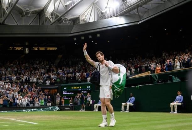 Andy Murray of Great Britain waves to the crowd after losing his men's singles third round match against Denis Shapovalov of Canada during Day Five...