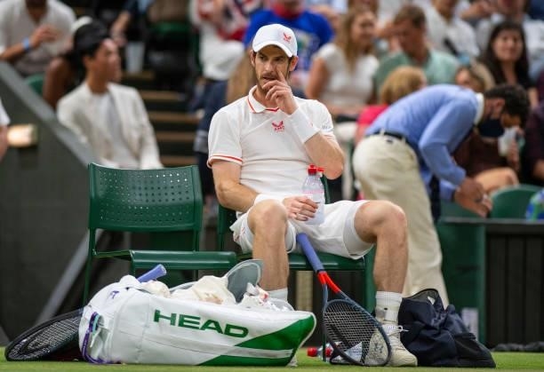 Andy Murray of Great Britain looks on during his men's singles third round match against Denis Shapovalov of Canada during Day Five of The...