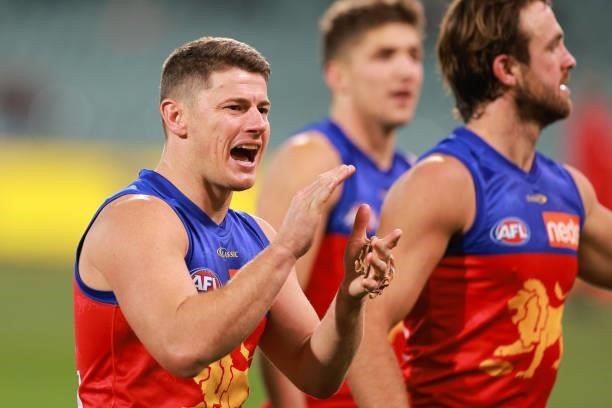 Dayne Zorko of the Lions celebrates during the round 16 AFL match between Adelaide Crows and Brisbane Lions at Adelaide Oval on July 03, 2021 in...